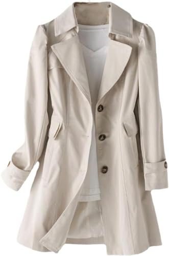 Vagbalena Mode Langer Damen Trenchcoat Eleganter Einreihiger Mantel Revers Winddichter Mantel Langarm Mittel Langer Herbstmantel Arbeit Büro Erbsenmantel (Beige,L) von Vagbalena