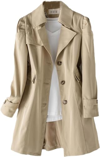 Vagbalena Mode Langer Damen Trenchcoat Eleganter Einreihiger Mantel Revers Winddichter Mantel Langarm Mittel Langer Herbstmantel Arbeit Büro Erbsenmantel (Khaki,M) von Vagbalena