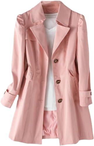 Vagbalena Mode Langer Damen Trenchcoat Eleganter Einreihiger Mantel Revers Winddichter Mantel Langarm Mittel Langer Herbstmantel Arbeit Büro Erbsenmantel (Rosa,M) von Vagbalena