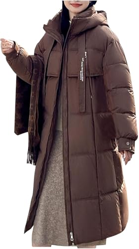 Vagbalena Verdickte warme gesteppte lange Daunenjacke für den Winter für Damen modischer Parka mit Kapuze und Reißverschluss und Taschen lockere verdickte Daunenjacke (Kaffee,L) von Vagbalena