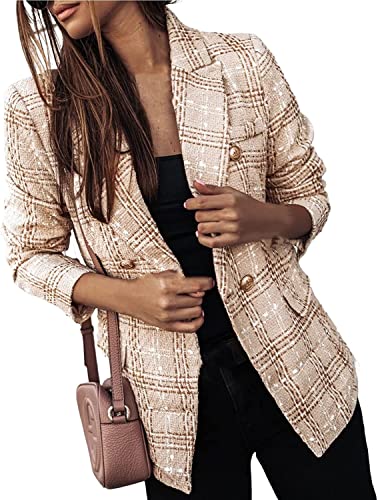 Vagbalena Zweireihiger Damenblazer Büroarbeitsjacke Blazer Büroarbeitsjacke Freizeitblazer Slim-Fit Revers Karierte Jacke (Khaki,M) von Vagbalena