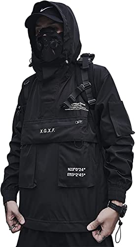 Vagbalena der Kampf Wasserdicht Mit Kapuze Techwear Jacke, Japanischen Streetwear Zip Up Windjacke Jacke für Männer, Sportswear Casual Jacke hip-hop Sweatshirt Black,XL von Vagbalena