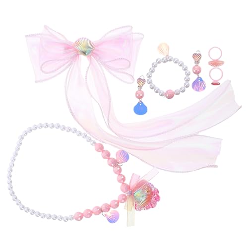 Vaguelly 1 Set Kinderschmuck: Meerjungfrau-Schmuckset für Mädchen – inklusive Haarspangen mit Schleife, Muschelkette, Perlenarmband, Ohrringen und Ring für Prinzessinnen-Kostümpartys von Vaguelly