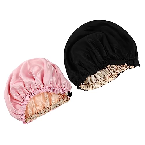 Vaguelly 2 Stück Satin Schlafhaube für Damen Verstellbare Doppellagige Haarschutz Mütze in Schwarz und Rosa zum Schlafen und Verhindern von Frizz mit Unsichtbarem Elastischem Gummiband für von Vaguelly