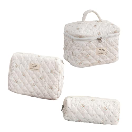 Vaguelly 3 Stück Gesteppte Kosmetiktasche Set Weiß mit Kleinem Blumenmuster aus Weicher Baumwolle Große Reise Make up Tasche Ästhetisch Tragbar Damen Kulturbeutel Organizer von Vaguelly