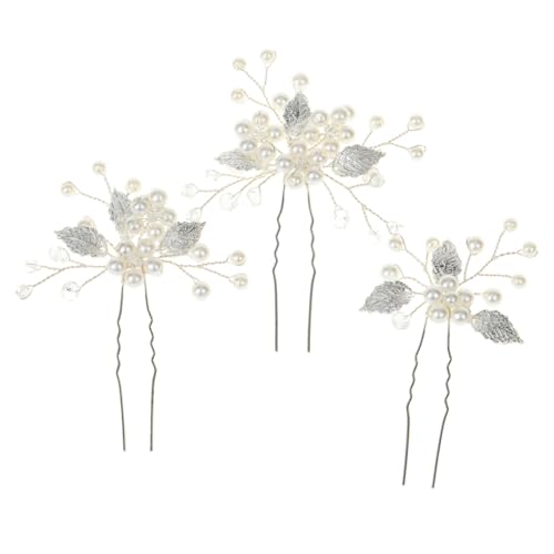 Vaguelly 3 Stück U Förmige Haarnadeln mit Perlen und Blattdesign Eleganter Haarschmuck für Braut und Mädchen Silberfarbene Haarspangen für Hochzeit und Festliche Anlässe von Vaguelly