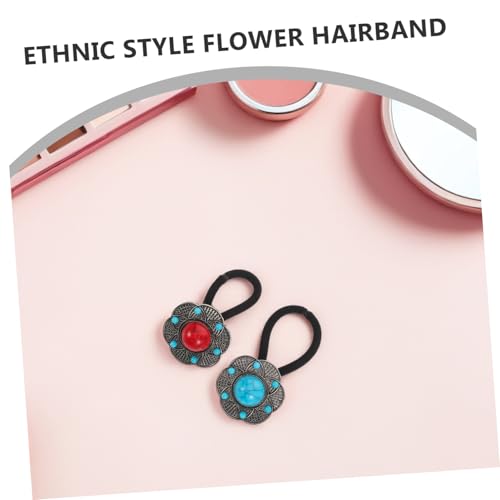 Vaguelly 4 Stück Teiliges Boho Blumen Haargummis mit Farbigen Steinperlen Handgefertigte Elastische Ethno-haarschmuckbänder in Blau und Rot Schonende Dehnbare Haargummis für Damen und von Vaguelly