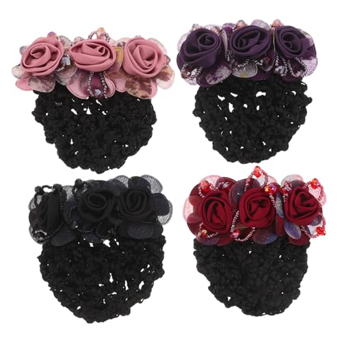 Vaguelly 4 Stück Teiliges Chinesischer Stil Haarnetz Dutt Haarklammer mit Stoffblumen Koreanisches Haarschmuck Mesh Haarnetz Haarklammer für Damen Festliche und Alltag Anwendung von Vaguelly