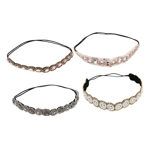 Vaguelly 4 Stück Teiliges Elastisches Perlen Haarband mit Funkelnden Strasssteinen Rutschfester Haarschmuck für Damen Retro Stilvolle Stirnbänder in Weiß Champagner und Perlmutt Bequeme von Vaguelly