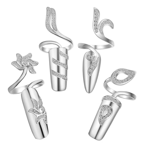 Vaguelly 4 Stück Teiliges Modische Fingernagelringe mit Funkelnden Strasssteinen Verstellbare Offene Ringe aus Legierung Stilvolle Nagelschmuck dekoration für Damen zu Hochzeit Party und von Vaguelly