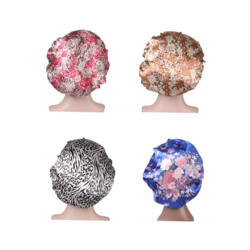 Vaguelly 4 Stück Teiliges Satin Schlafhauben mit Weitem Rand Elastisch und Praktisch Haarschutz bei Chemotherapie und Haarausfall für Damen Wie Beige Rosé Blau Dunkel für Duschen und von Vaguelly