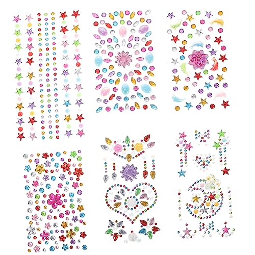 Vaguelly 6blätter Selbstklebende Glitzersteine Für Gesicht Und Körper Kinderfreundliche Festival Aufkleber Mit Augenblumen Delfinen Und Herzen Für Halloween Und Diy Makeup von Vaguelly