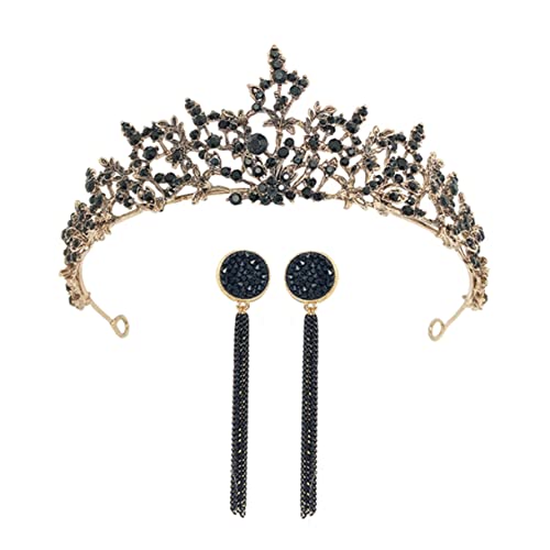 Vaguelly Barockstil Vintage Brautkrone Teilig mit Tiara und Ohrringen Schwarze Hochzeit Haarschmuck für Braut Verlobung Party und Ball von Vaguelly