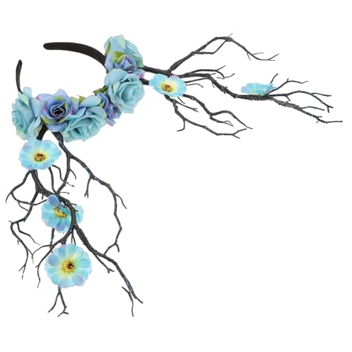 Vaguelly Extravaganter Haarreif mit Großen Blauen Rosen und Dekorativen Hirschgeweih Einzigartiges Festival Accessoire für Erwachsene Party Stirnband für Karneval und Mottopartys von Vaguelly