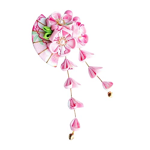 Vaguelly Kimono Haarschmuck mit Quaste Japanischer Haarklammer für Damen Handgefertigtes Blumen Design für Sommerfeste und Anlässe Rutschfest und Leicht zu Tragen Rosa Fächer von Vaguelly