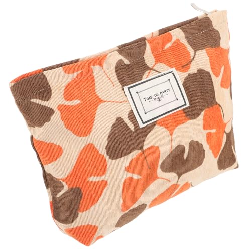 Vaguelly Kosmetiktasche Damen Tragbare Make up Aufbewahrungstasche Aus Canvas in Orange Mit Ginkgo Blatt Design Für Reisen Und Alltag Große Kapazität Wasserabweisend Und Leicht Zu von Vaguelly