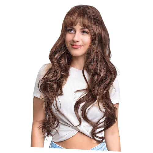 Vaguelly Langhaar Perücke für Damen mit langen Locken und Ponyfransen Realistische Synthetische Fasern Schmetterlingsinspirierter Stil Angenehm zu Tragen für Alltag und Partys Dunkelbraun von Vaguelly