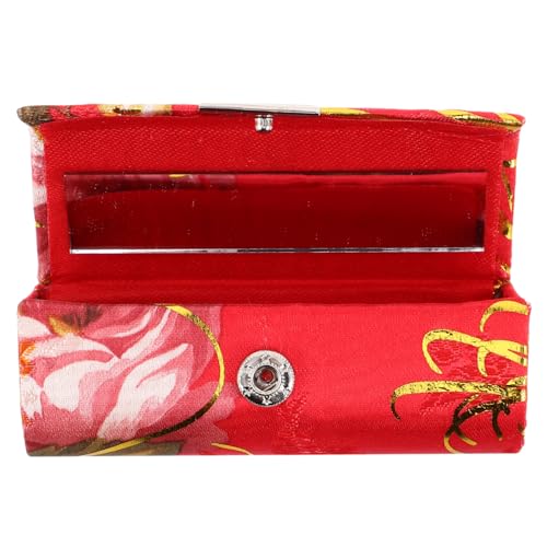 Vaguelly Schminktäschchen Aus Seide Mit Spiegel Und Besticktem Blumenmuster Tragbarer Lippenstift-Organizer Im Vintage-Stil Für Damen Rot von Vaguelly