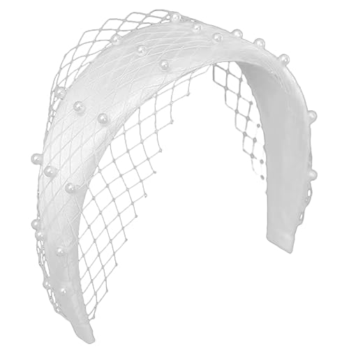 Vaguelly Perlen Haarreif Braut Haarschmuck Handgenähtes Dickes Netz Stirnband Eleganter Weißer Bridal Headband für Hochzeit Brautjungfern und Festliche Anlässe Modisches Accessoire von Vaguelly