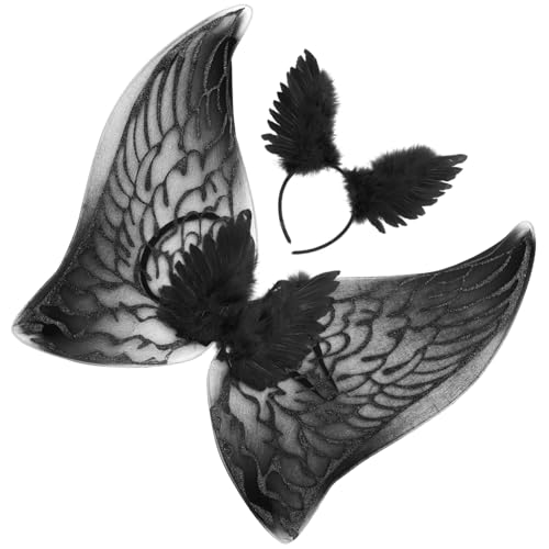 Vaguelly Schwarzes Engels Kostüm Mädchen Federschwinge Flügel Haarschmuck Leichtes Party Cosplay Zubehör für Fasching und Kostümparty von Vaguelly