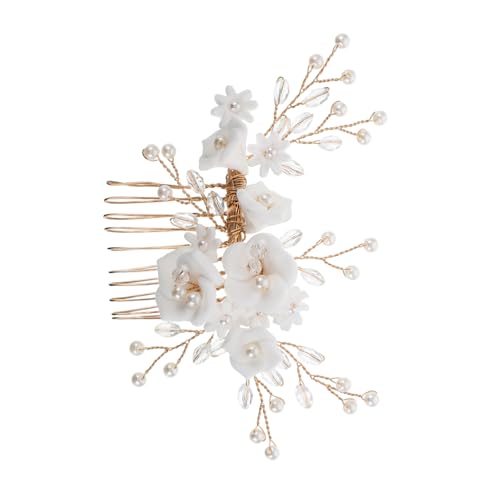 Vaguelly Weißer Braut Haarkamm mit Perlen Europäisches Design Luxuriöse Perlenverzierung Leichter Weißer Tonkamm Eleganter Brautschmuck für Romantische Hochzeitsfrisuren von Vaguelly