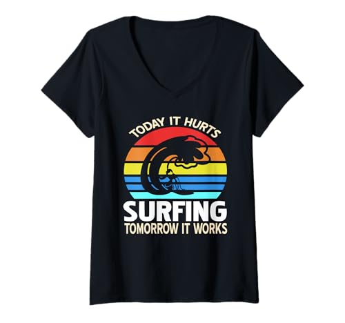 Damen Surf Aujourd'hui Ça Fait Mal Demain Ça Marche T-Shirt mit V-Ausschnitt Damen Surf Aujourd'hui Ça Fait Mal Demain Ça Marche T-Shirt mit V-Ausschnitt von Vagues Rétro et Passionnés de Surf