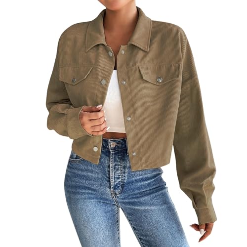 VaiKanhai Damen Mantel Weis Women's Fashion Cropped Shacket Button Down Corduroy Shacket Jackets Casual Plaid Long Sleeve Crop Jackets Tops Dirndl Oberteil (Khaki, S) von VaiKanhai