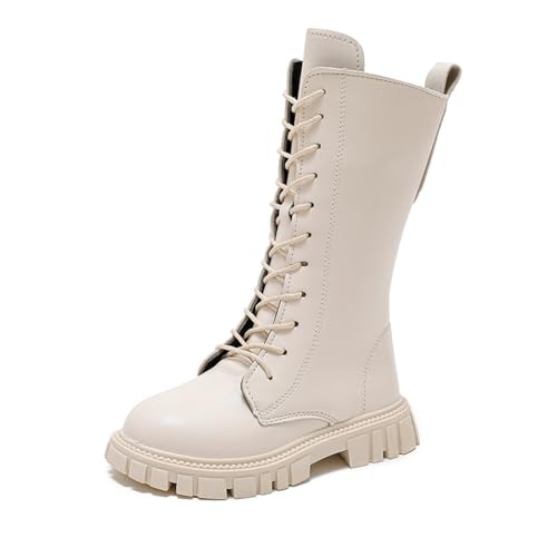 VaiKanhai Stiefel Kinder Mädchen Stiefeletten mit Zipper Plateau Boots Mädchen Winterstiefel Herbst Winter Schuhe Schön Reitstiefel Girls Schnürboots Schwarz Beige Weiß Größe 27-37 von VaiKanhai