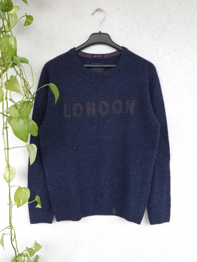 Casual Boho Strickpullover Sweater Wolle Knit Von Colours & Sons "London" Gr. M Marineblau Pullover Retro Style von VaiaVintage