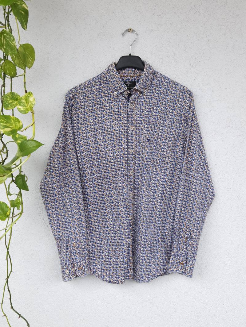Crazy Pattern Hemd Von Fynch Hatton - Langarm Herren Größe M Blau Gelbes Leichtes Baumwollshirt Retro Gemustert von VaiaVintage