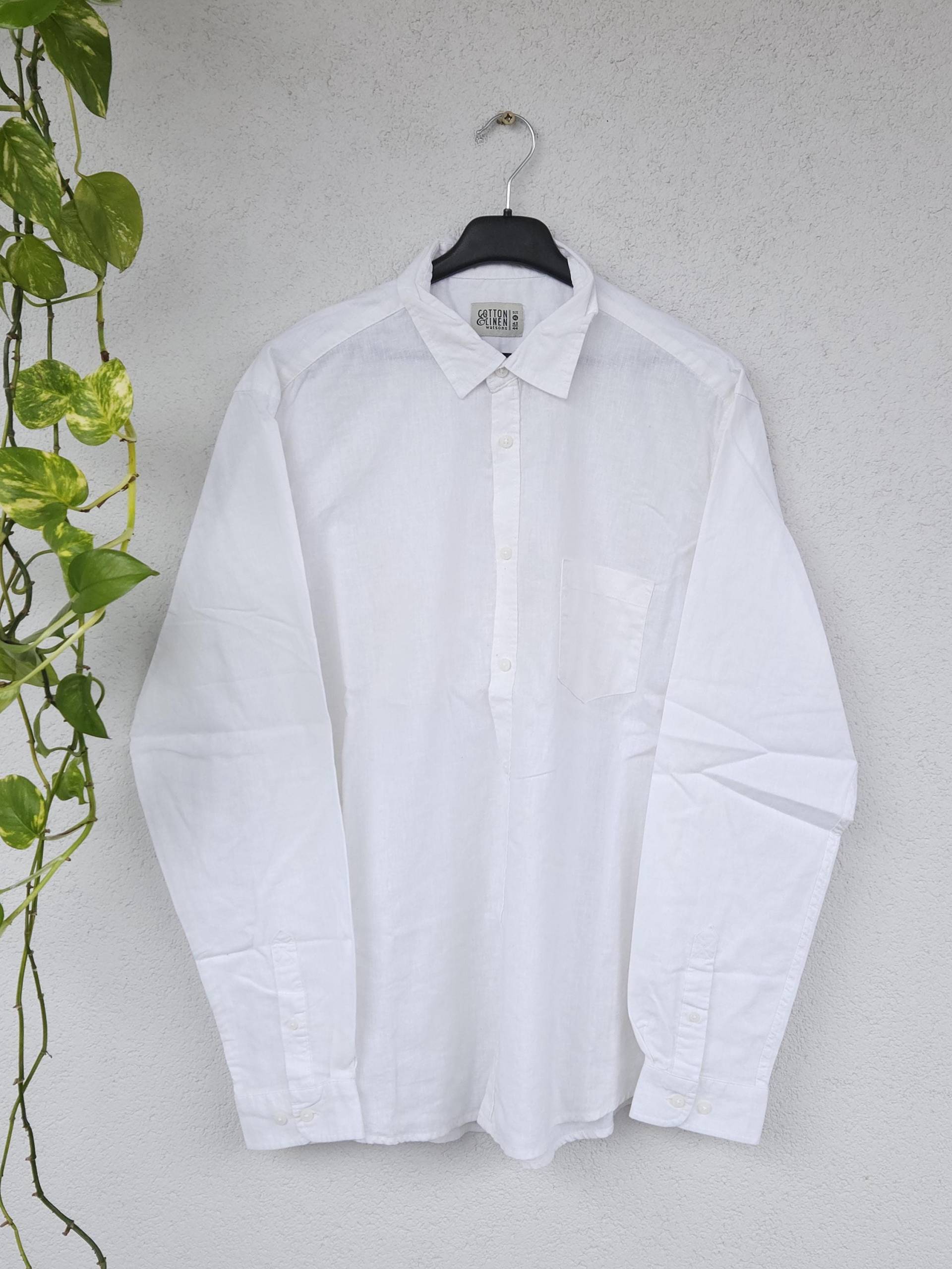 Herren Weißes Leinenhemd Von Watsons - Langarm Größe Xl Sommer Strand Baumwoll- Und Leinenshirt Unifarben von VaiaVintage