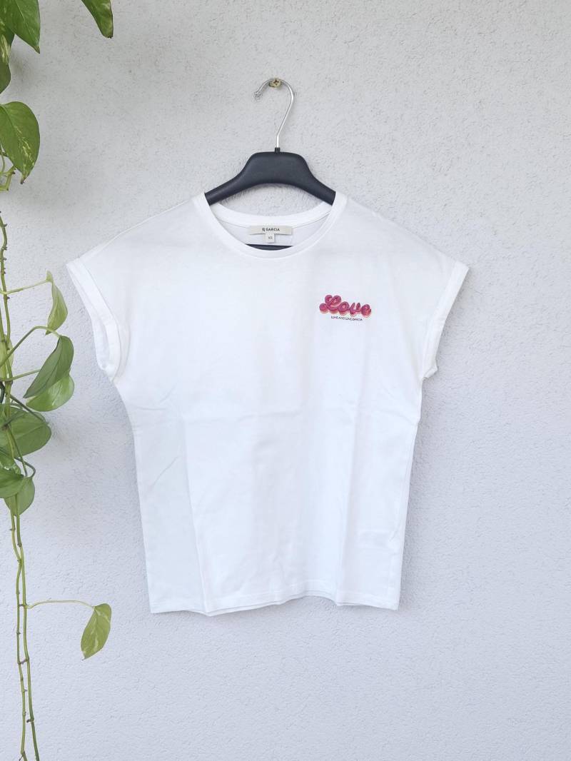 Schönes T-Shirt Von Garcia Mit "Love" Aufstick - Damen Gr. Xs Casual Weißes Shirt Top Umgekrempelten Ärmeln von VaiaVintage