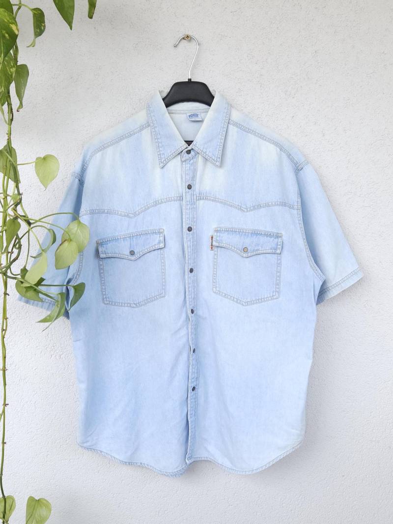 Vintage 90Er Dickes Jeanshemd Von Pioneer - Herren Größe Xl Hellblau Light Wash Jeans Baumwolle Retro von VaiaVintage