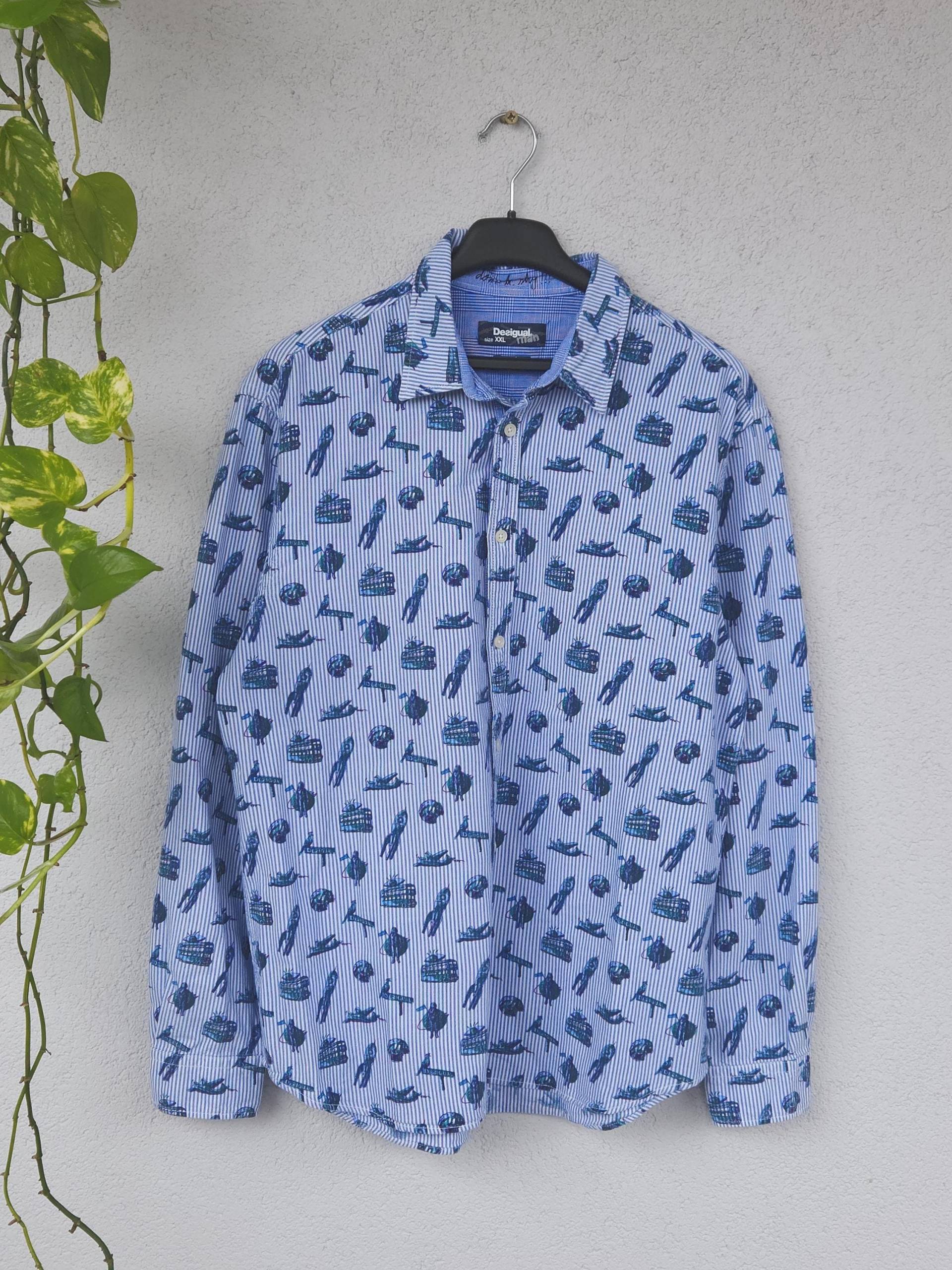 Vintage 90Er Hemd Crazy Pattern Von Desigual - Langarm Herren Größe Xxl Leichtes Baumwollshirt Blau Retro Gemustert von VaiaVintage