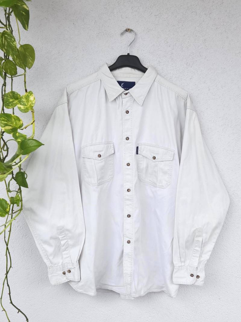 Vintage 90Er Hemd Von Finnegan - Langarm Herren Größe Xxl Weiß Creme Unifarben Outdoor Jeans Trekking Shirt Retro von VaiaVintage