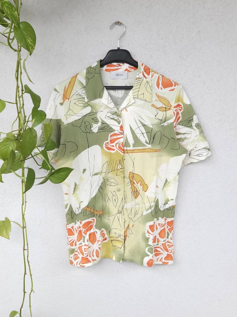 Vintage 90Er Shirt Hemd Sommer Bluse Von Freya Damen Gr. 42 | xl Blumen Muster Kurzarmshirt Short Sleeve Retro 80Er von VaiaVintage
