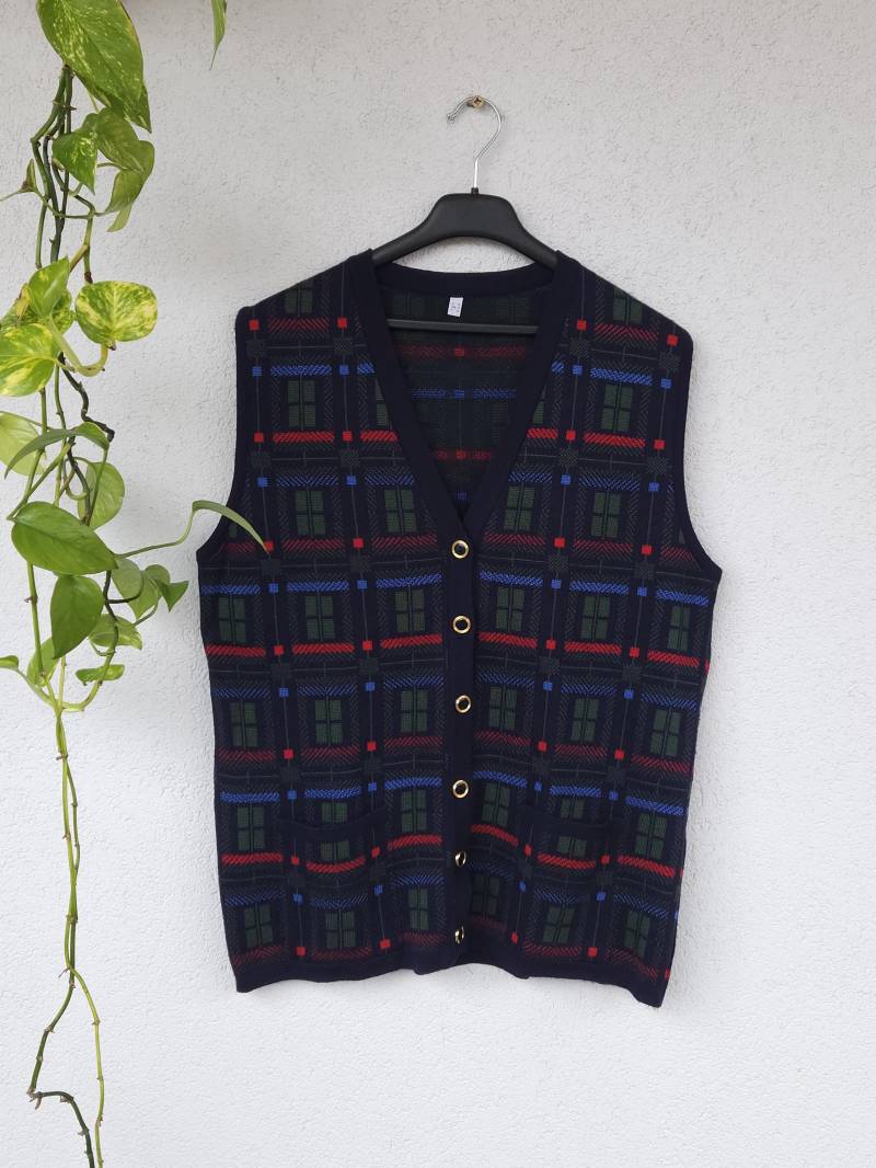Vintage 90Er Strickweste Gemustert - Damen Größe 42 | xl Knitwear Ärmelloser Woll-Pullunder V-Neck Sweater Retro Blau Grünes Muster von VaiaVintage