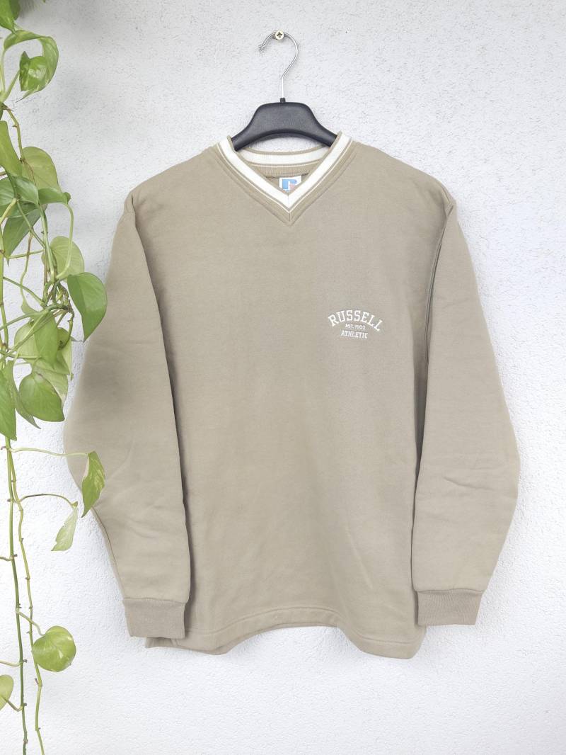 Vintage Pullover 90S Crewneck Russell Athletic Sweater Gr. S Beige Mit Aufgesticktem Brustlogo Retro von VaiaVintage