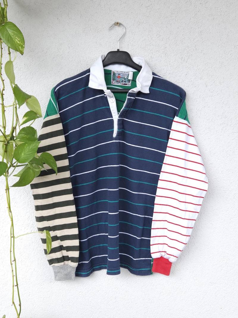 Vintage 90S Sweatshirt Von Columbia Knitwear Rugby Gear - Herren Größe S | Fits M Gestreiftes Sport Long Sleeve von VaiaVintage