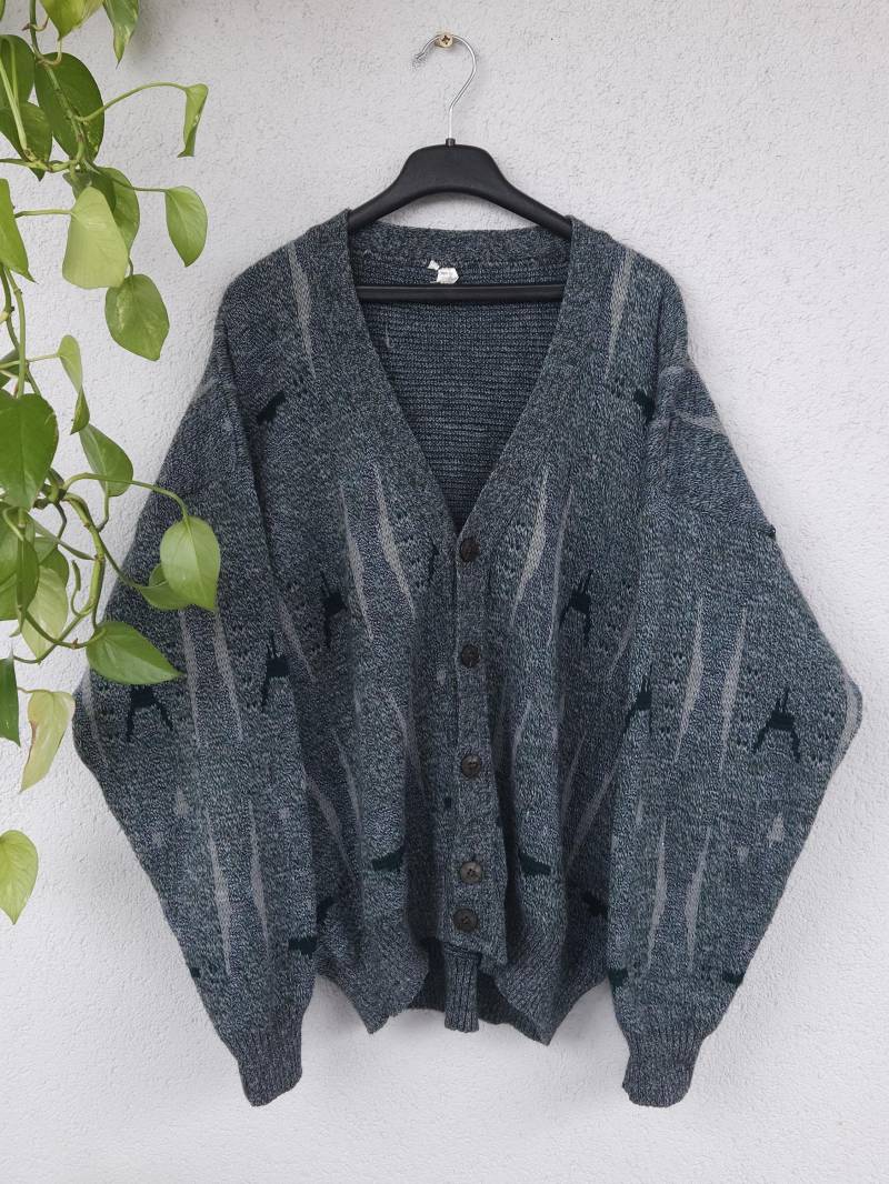 Vintage Cardigan Strickjacke Crazy Pattern Gr. 56 | xxl Dunkel Grün Grau Sweatshirt Weste Retro 90Er von VaiaVintage