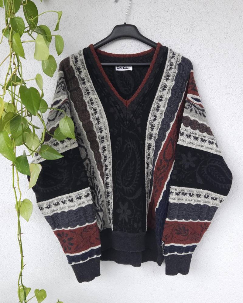 Vintage Carlo Colucci Strickpullover Dicker Sweater Im Boho Stil Gr. Xl Schwarz Grau Rot Pullover Oversized Retro Style 80S 90S von VaiaVintage