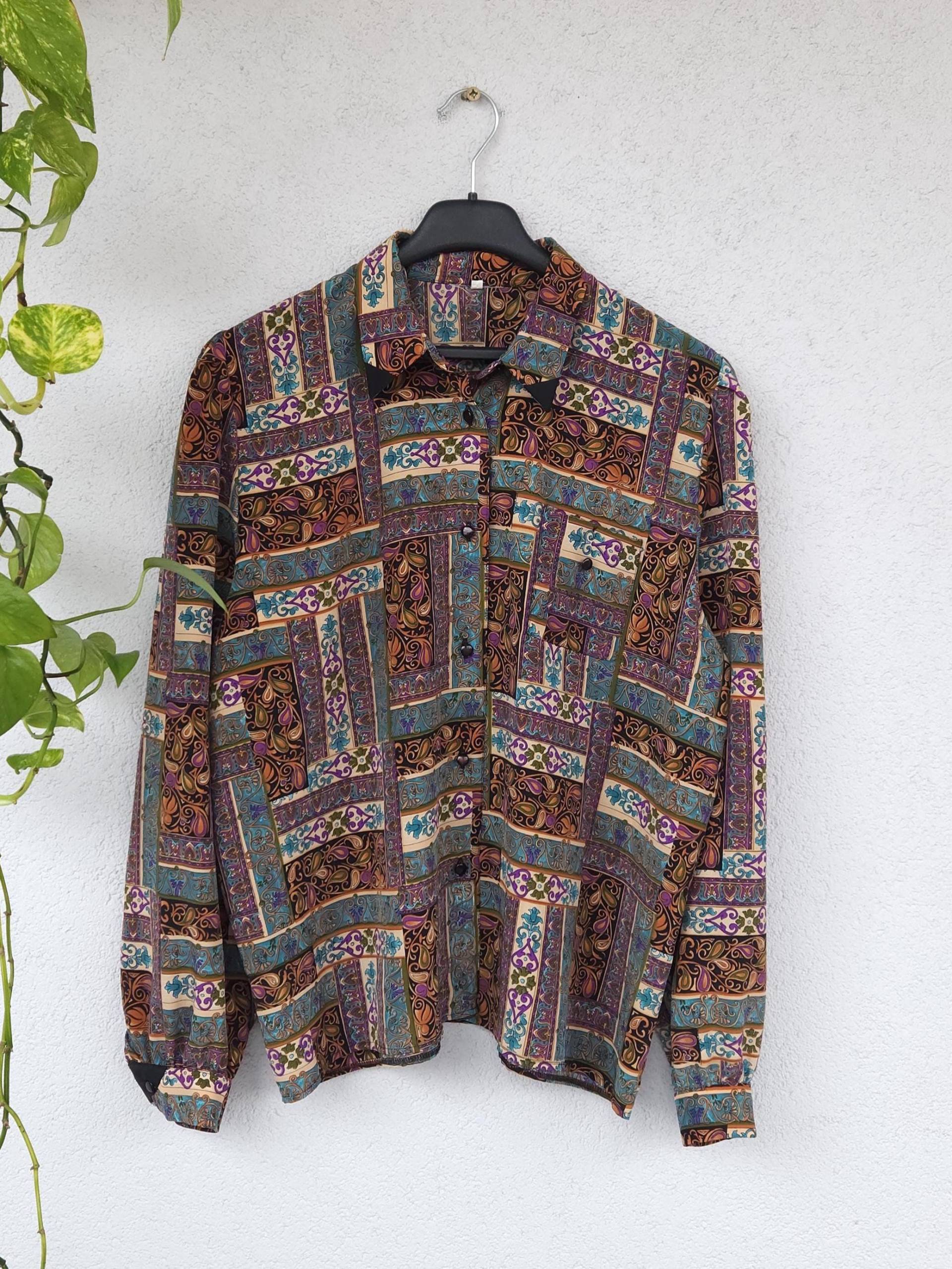 Vintage Crazy Pattern Bluse Mit Ballonärmel - Langarm Damen Größe 44 | xxl Leichtes Luftiges Sommer Shirt 90S Hippie Boho von VaiaVintage