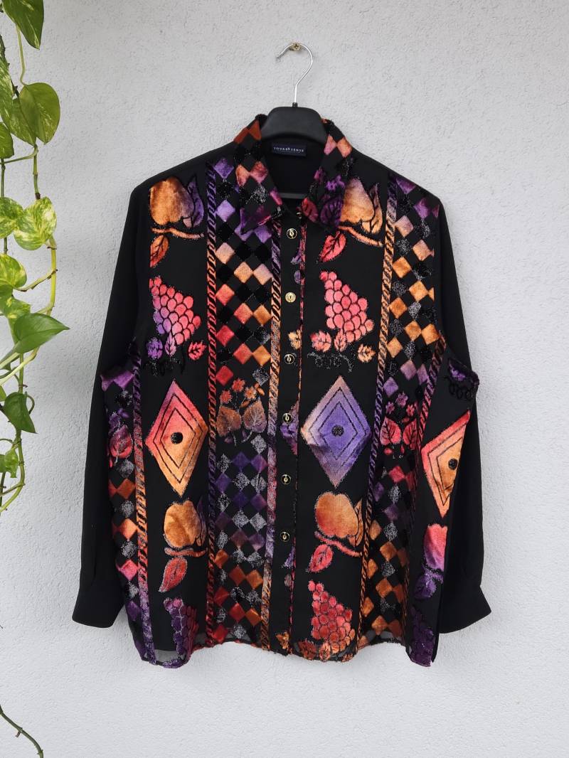 Vintage Crazy Pattern Bluse Mit Schulterpads Von Your 6Th Sense - Langarm Damen Größe 46 | 3xl Leichtes Luftiges Sommer Shirt 90S Retro von VaiaVintage