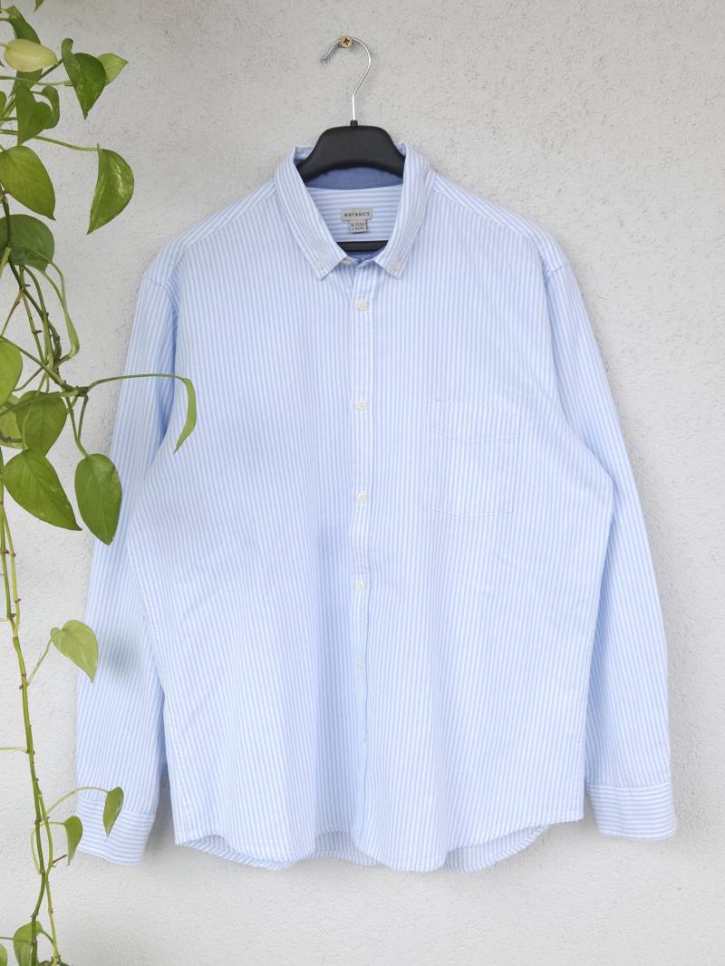 Vintage Dickes Baumwollhemd Von Watson's Casual Gestreiftes Langarm Shirt Long Sleeve Gr. Xl Hellblau 90S Retro von VaiaVintage