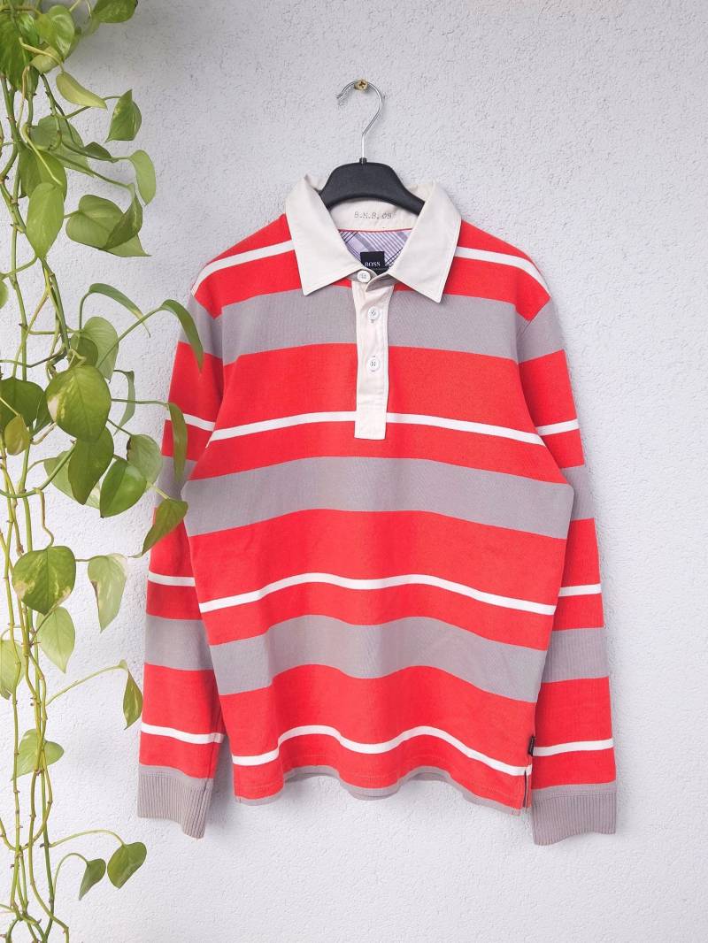 Vintage Hugo Boss Pullover Sweatshirt Streifen Sweater Gr. M Polohemd Pulli Poloshirt Polo Langarm Retro Style 90S von VaiaVintage