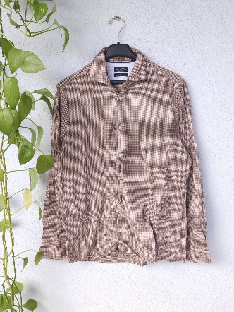 Vintage Kariertes Marc O'polo Hemd Shaped Fit - Langarm Herren Größe L Baumwoll-Shirt Mit Karomuster Braun Beige 90Er von VaiaVintage