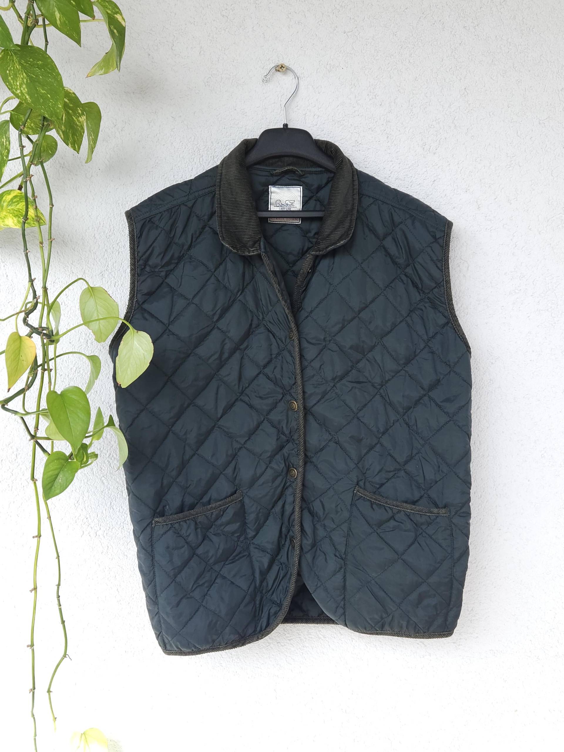 Vintage Petrol Steppweste Mit Kordkragen Von Giani Feroti - Damen Größe L Ärmellose Leichte Jacke Taschen von VaiaVintage