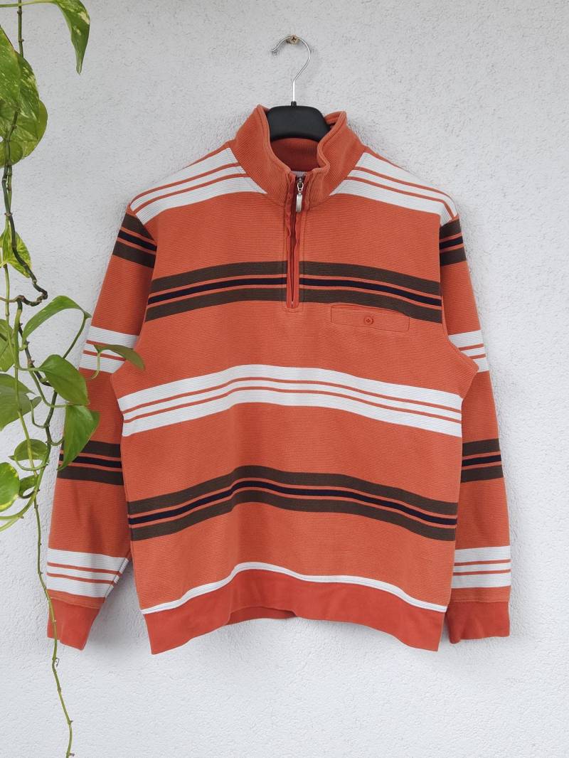 Vintage Pullover Mit Streifen Von Basic Line - Herren Größe 44/46 | S Orange Weiß Gestreift Quarter Zip Sweatshirt Retro 90S 80S von VaiaVintage