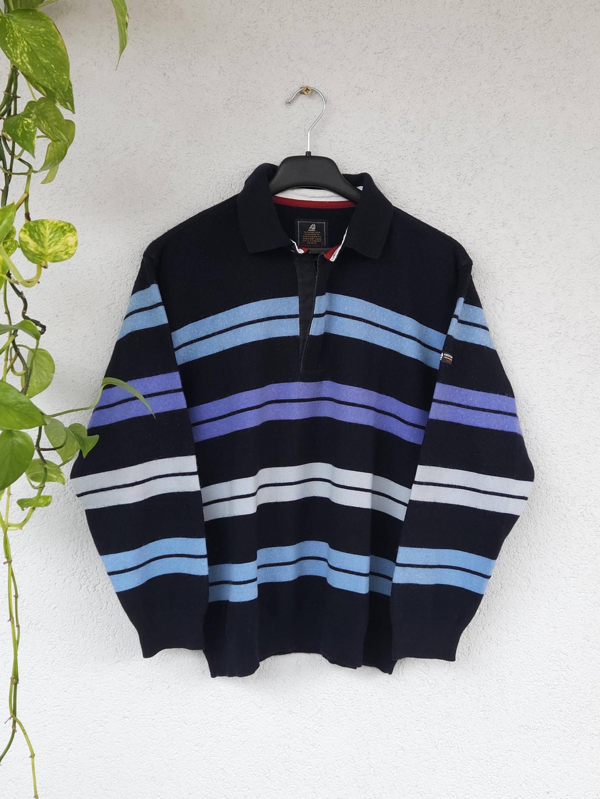 Vintage Pullover Mit Streifen Von Green Coast - Herren Größe L Gestreifter Merinowolle Strick Sweater Troyer Yachting Sportswear von VaiaVintage