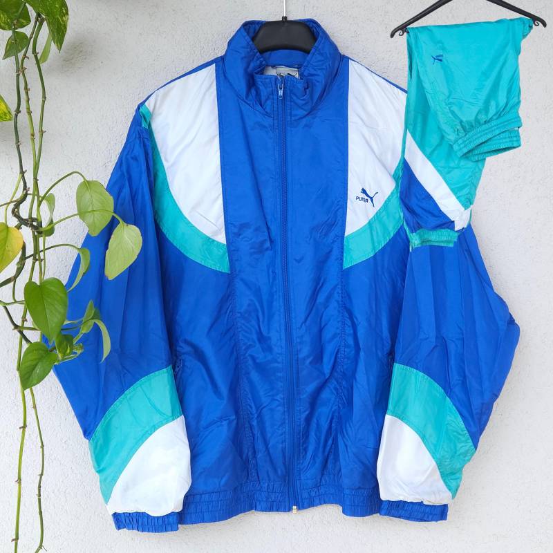 Vintage Puma Trainingsanzug 90S - Blau Türkis Herren Größe 6 | M-L Retro Sportswear Trainingsjacke Windbreaker Tracksuit von VaiaVintage